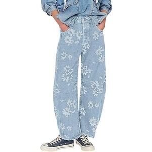 Chouyatou Floral Barrel Jeans XL Light Blue Daisy Print Wide Leg Denim Casual